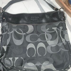 Coach  Zoe Large Black Grey Hobo Shoulder Bag Signature Op Art Canvas Leather